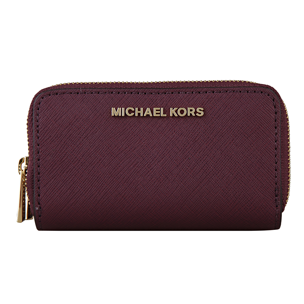 MICHAEL KORS JET SET TRAVEL金字防刮牛皮雙層拉鏈零錢包(梅紅)