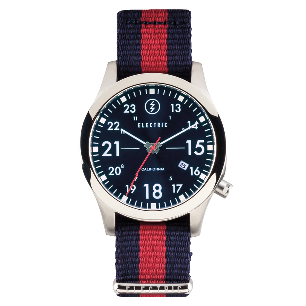 ELECTRIC FW01系列-摩登雅痞風潮腕錶-藍面x紅間藍色帆布帶/40mm