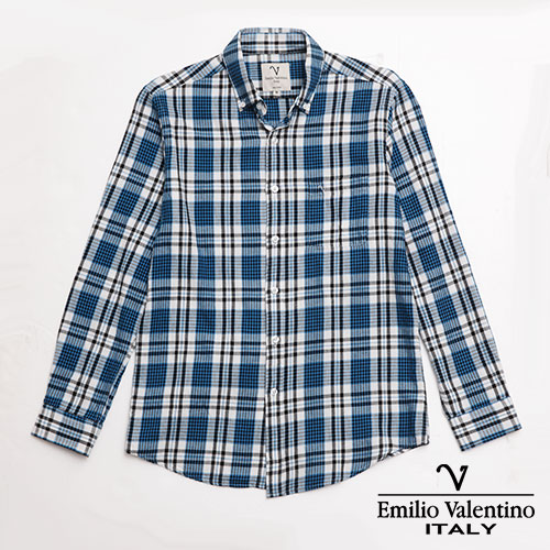 Emilio Valentino 范倫提諾水洗格紋襯衫-藍
