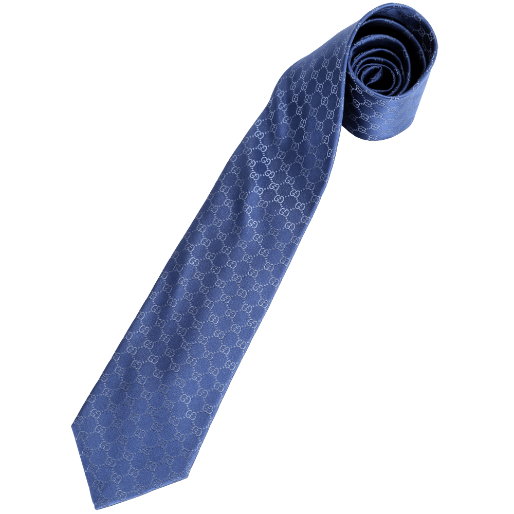GUCCI 雙G菱格織紋皮帶裝飾領帶(藍色)