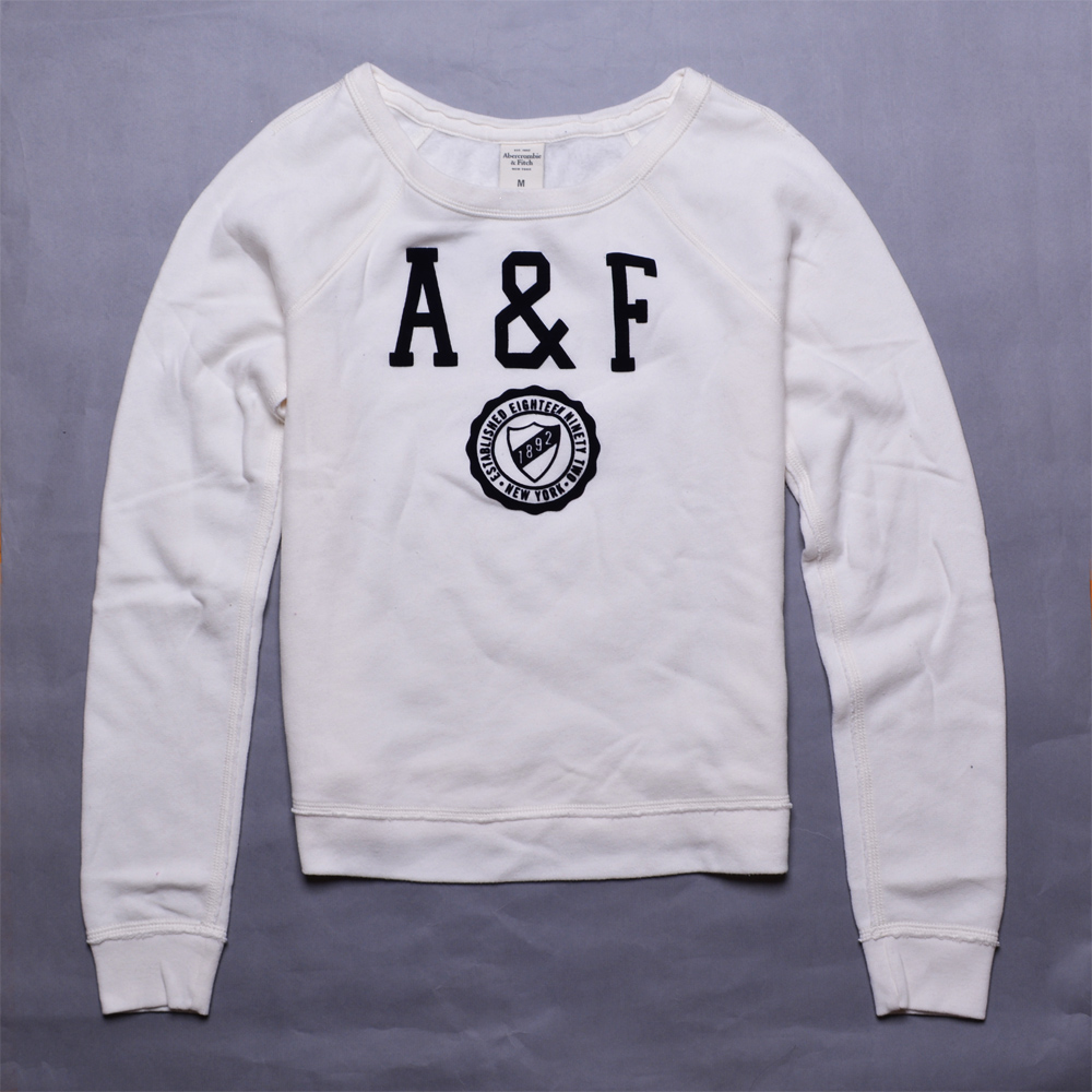 A&F Abercrombie &Fitch絨字1892徽章內刷毛T恤-復古白