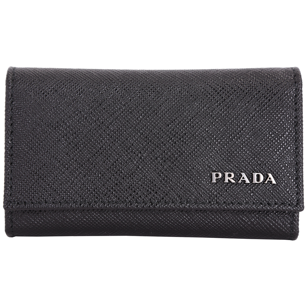 PRADA Saffiano 浮刻LOGO撞色拼接防刮牛皮鑰匙包(黑x藍)