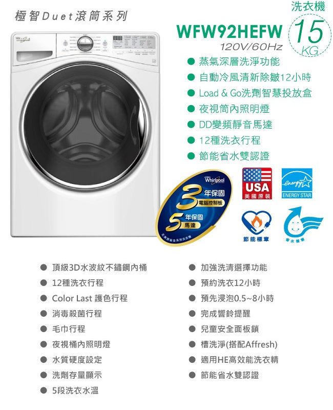 Whirlpool惠而浦 15KG 變頻滾筒洗衣機 WFW92HEFW