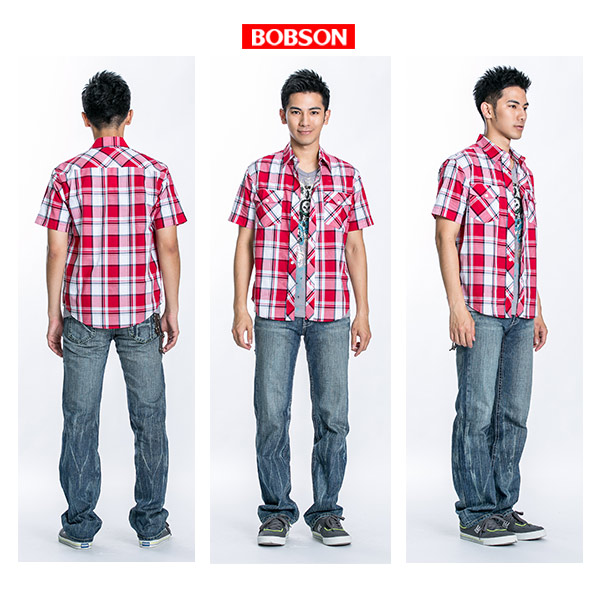 BOBSON 男款格紋短袖襯衫(紅23005-53)