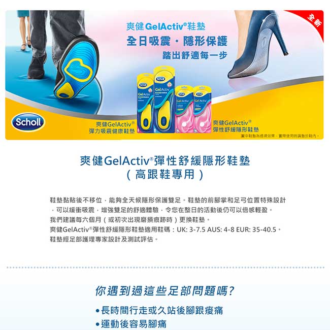 Scholl 爽健-Gel Activ 彈性舒緩隱形鞋墊(高跟鞋專用）