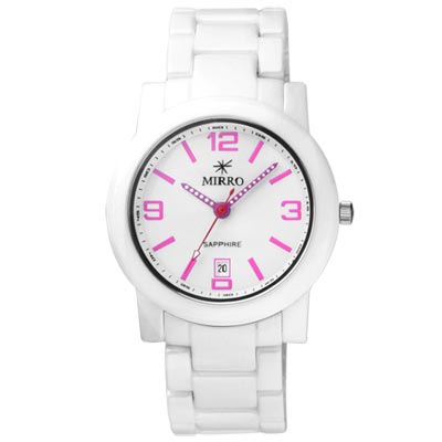 MIRRO 典藏愛戀時尚都會陶瓷腕錶-白粉紅/37mm