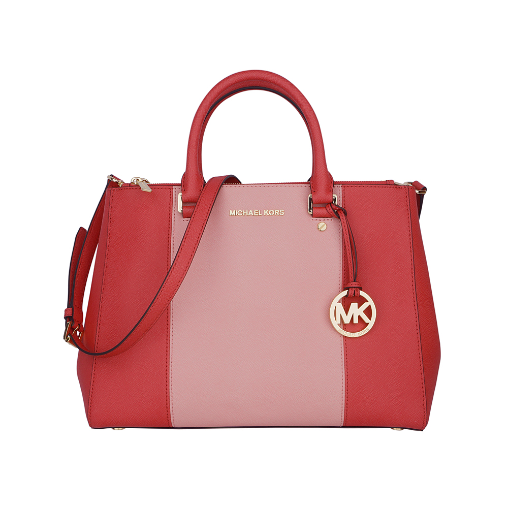 MICHAEL KORS 金字LOGO雙色防刮牛皮手提/斜背包(大/玫紅)