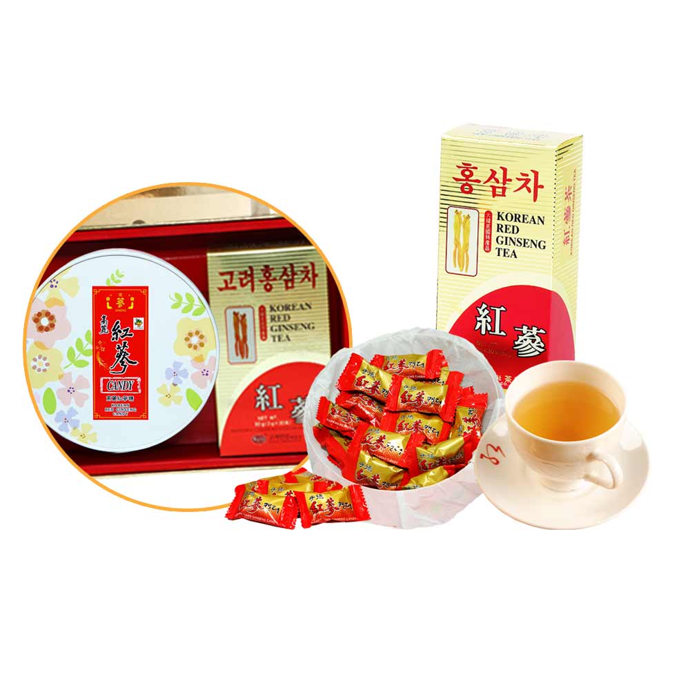 韓國金蔘伴手禮盒組-高麗紅蔘茶包(30入/盒)+紅蔘糖(200g/盒)