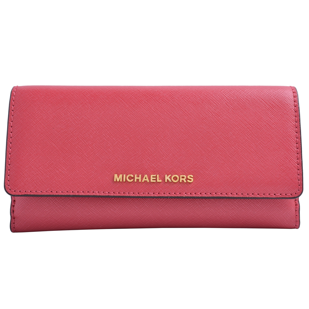 MICHAEL KORS Jet Set Travel 金Logo雙面釦式長夾-粉桃