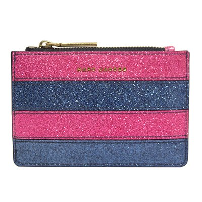 MARC JACOBS Striped Glitter 條紋漆皮拉鍊鑰匙/零錢包-粉紅/藍