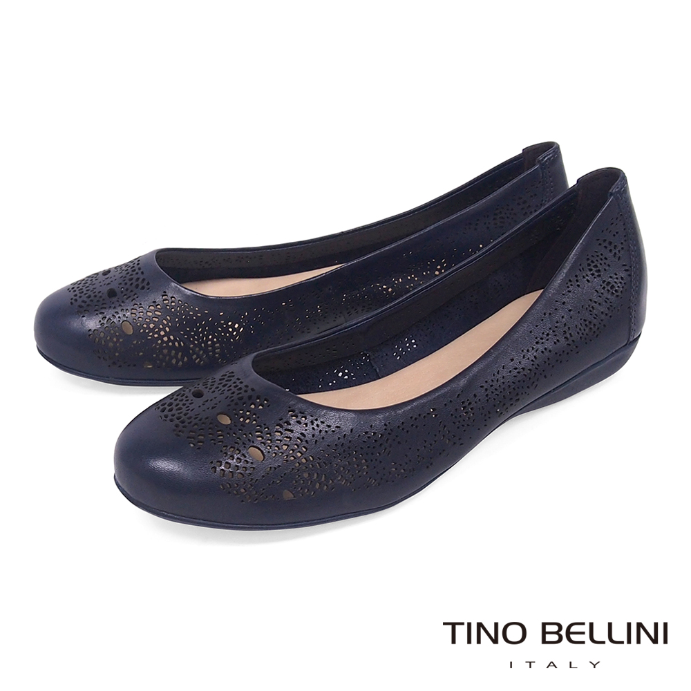 Tino Bellini 巴西進口質感皮革鏤空雕花娃娃鞋_ 藍