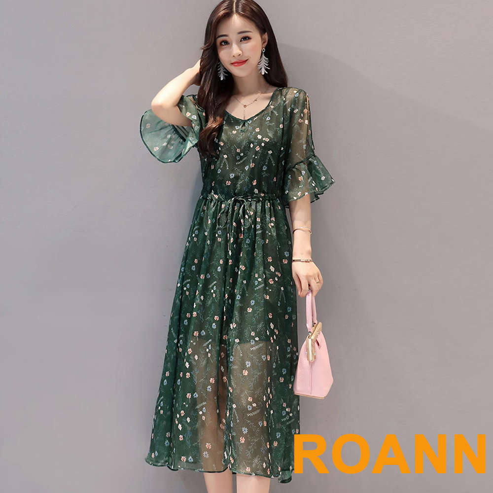 透膚復古印花壓褶短袖長款洋裝 (共二色)-ROANN