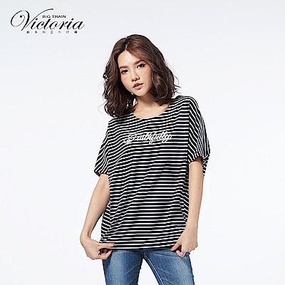 Victoria 文字繡綁緞帶落肩寬鬆短袖-深藍底白條
