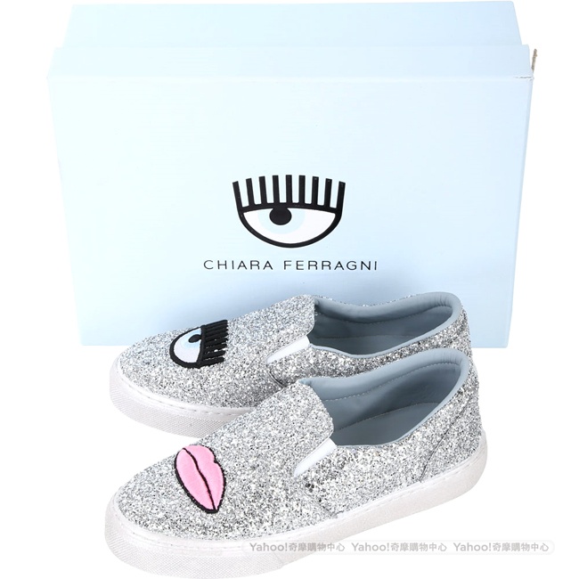 Chiara Ferragni 眨眼/唇刺繡銀噴漆底厚底休閒鞋(銀色)