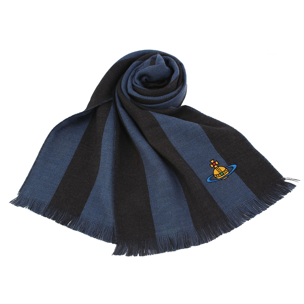 Vivienne Westwood 行星LOGO雙色條紋羊毛圍巾-藍色