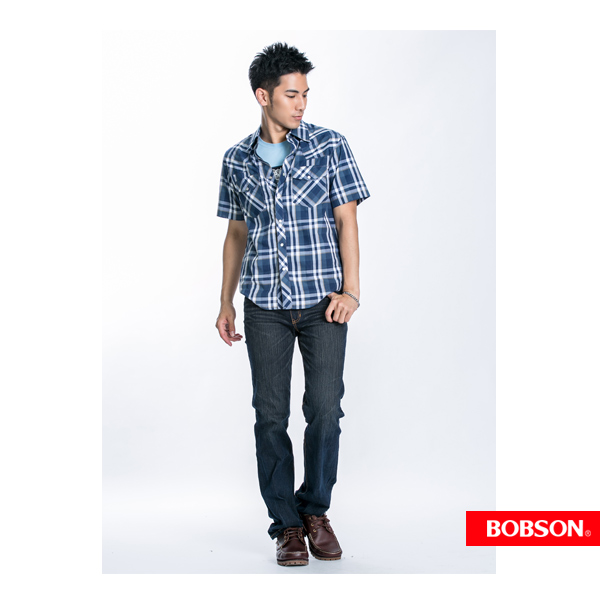 BOBSON 男款格紋短袖襯衫(藍23001-53)