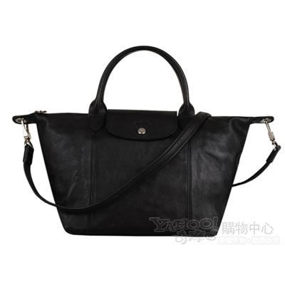 Longchamp Pliage Cuir小羊皮系列手提肩背包(小/黑)