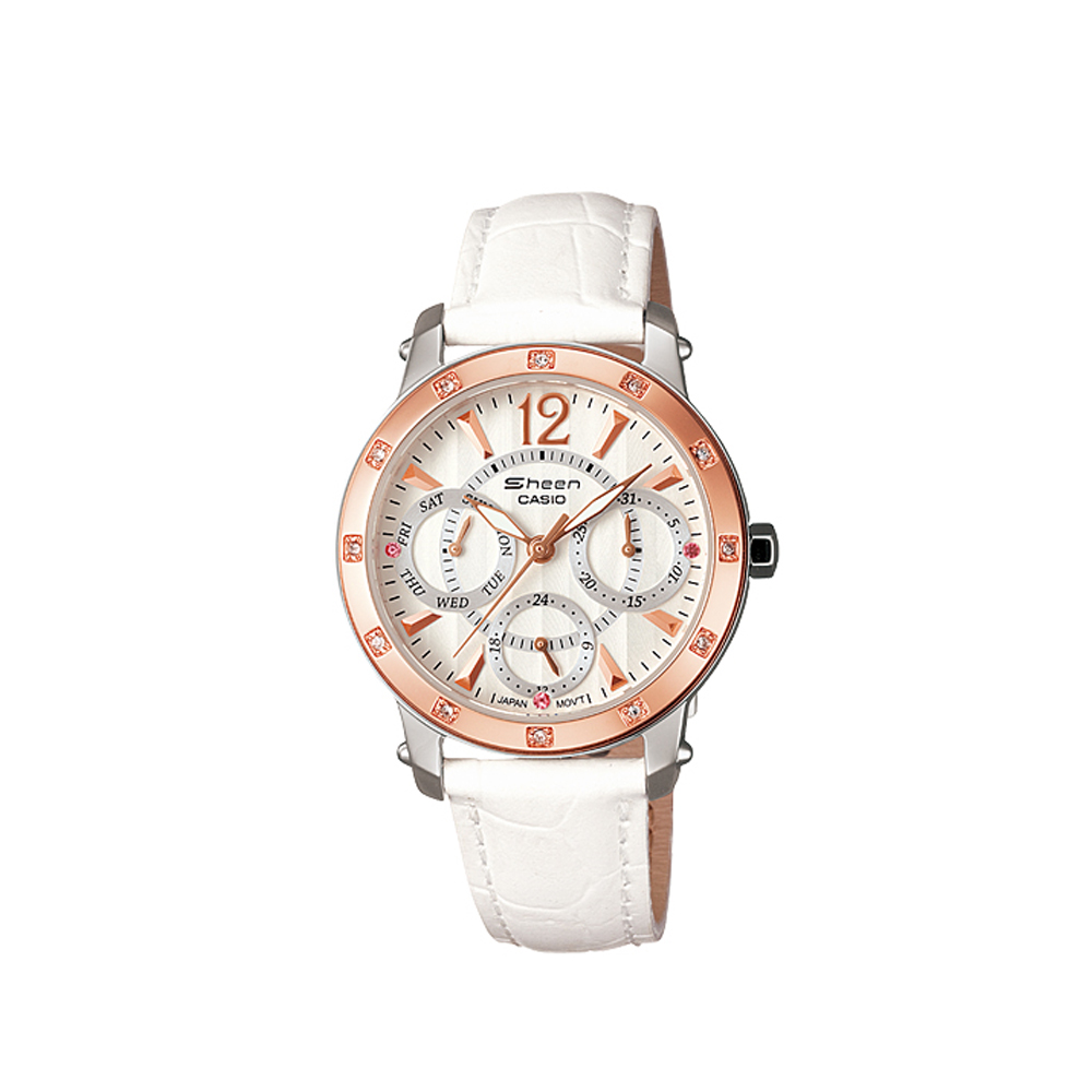 CASIO 個性三眼時尚指針皮帶錶(SHN-3012GL-7A)-白x玫瑰金/33mm