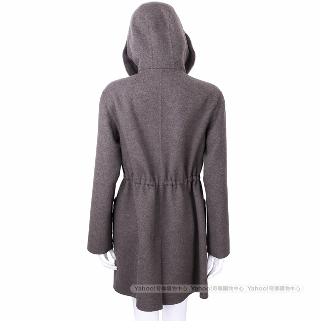 Manzoni 24 喀什米爾貂毛細節燕麥咖手工羊絨連帽大衣