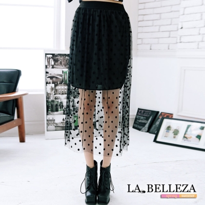 中大尺碼 透明拼貼圓點點假二件長紗裙-La Belleza