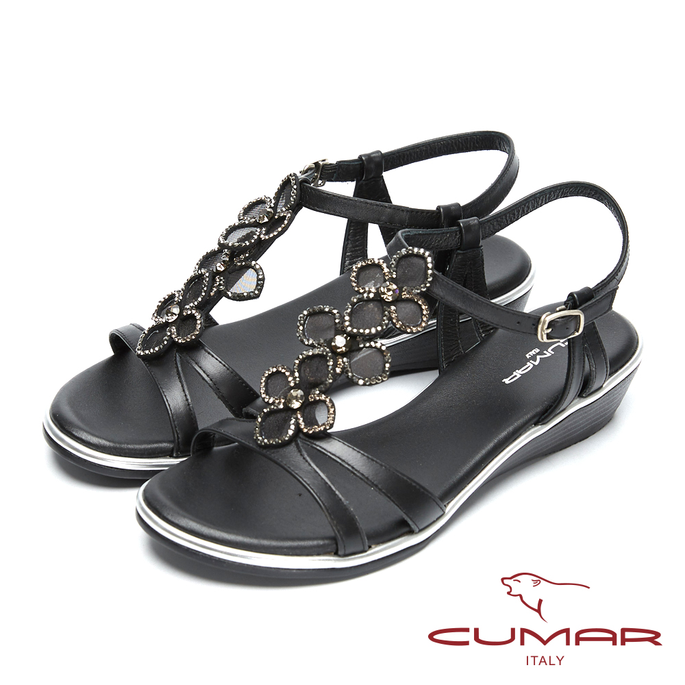 CUMAR閃亮水鑽-寶石花朵造型真皮坡跟涼鞋-黑色