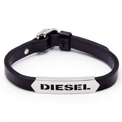 DIESEL 銀色冷冽LOGO皮革手環(DX0999040)