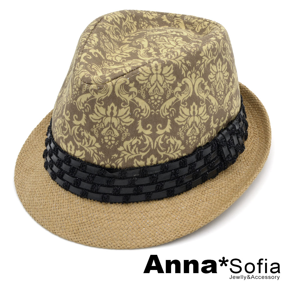AnnaSofia 古典花紋編蔥革帶 遮陽紳士帽爵士帽草帽(黃駝系)