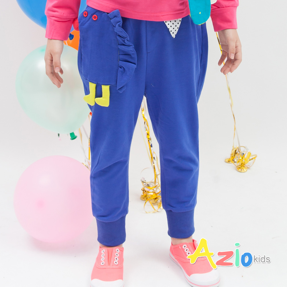 Azio Kids-可愛立體鼻子圖樣配色口袋長褲(藍)