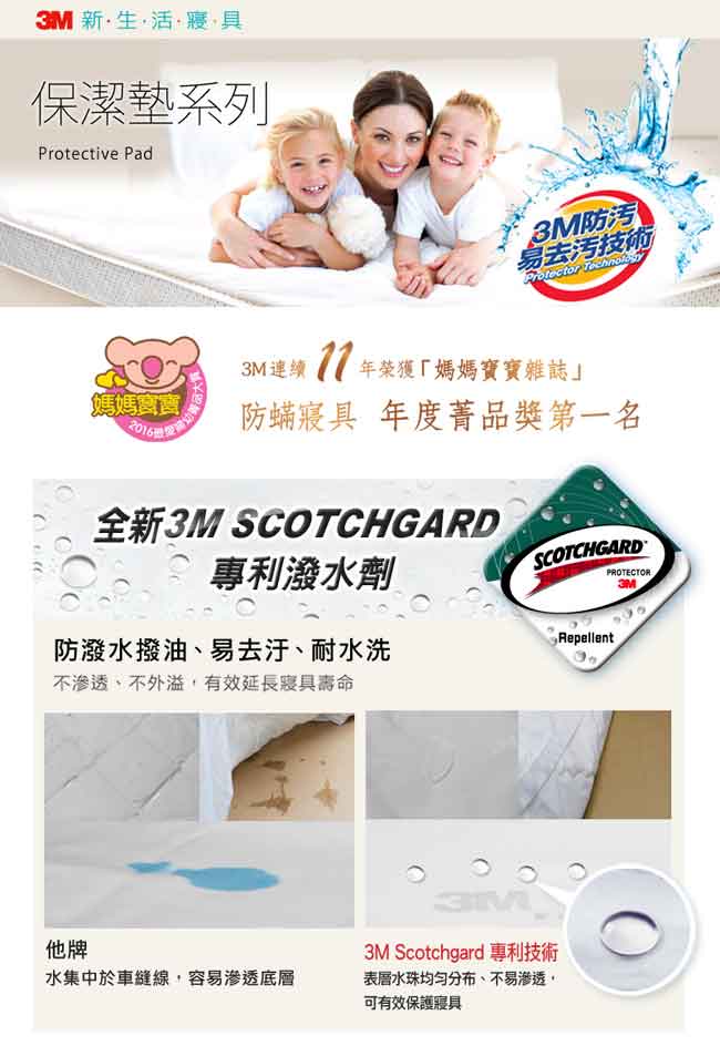 3M 原廠Scotchgard防潑水保潔墊-平單式雙人+防蹣枕心X2