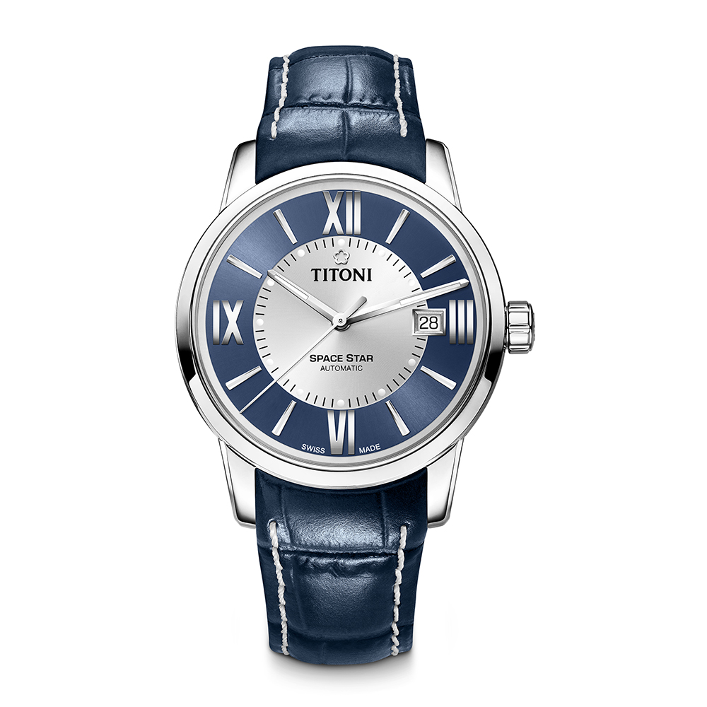 TITONI瑞士梅花錶 天星系列(83538 S-ST-580)-藍+銀/皮錶帶/40mm