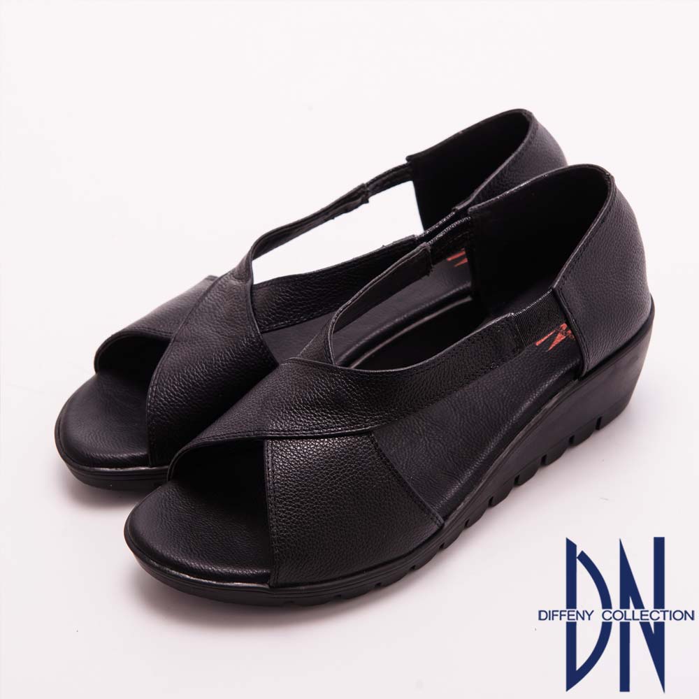 DN 極簡舒適 簡單素面牛皮交叉楔型涼鞋 黑