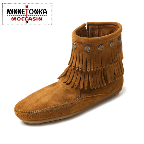 MINNETONKA-SIDE ZIP雙層麂皮流蘇踝靴-紅棕色