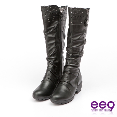 ee9 MIT經典手工~質感簡約自然抓皺星光閃耀粗跟長筒靴＊黑色