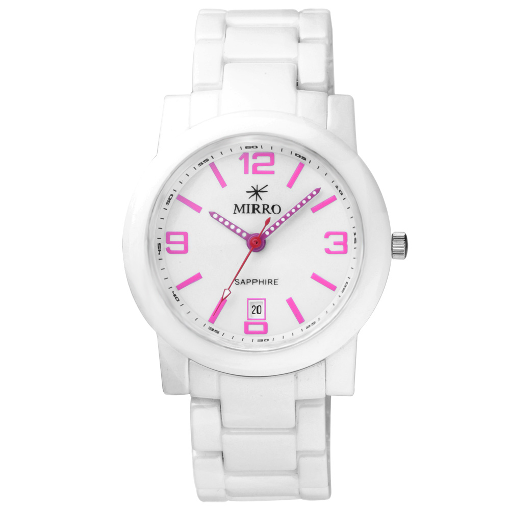 MIRRO 典藏愛戀時尚都會陶瓷腕錶-白粉紅/37mm