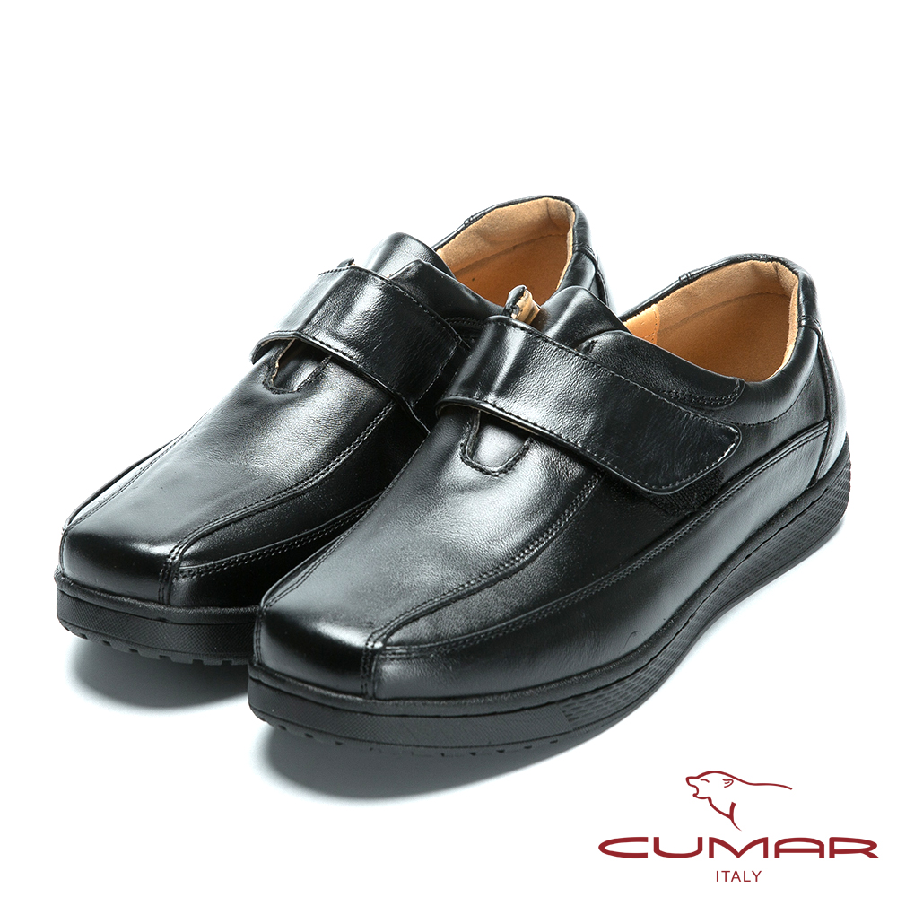 CUMAR 舒適真皮 超輕休閒魔術貼皮鞋-黑色
