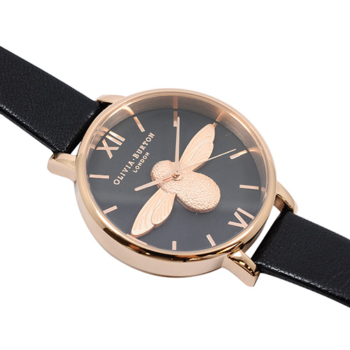 Olivia Burton 英倫復古手錶 3D立體蜜蜂 黑色真皮錶帶 玫瑰金框38mm