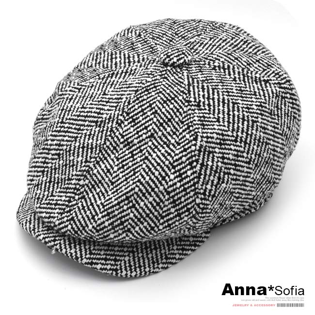 AnnaSofia 毛呢葉脈紋 報童帽貝蕾帽(黑白系)