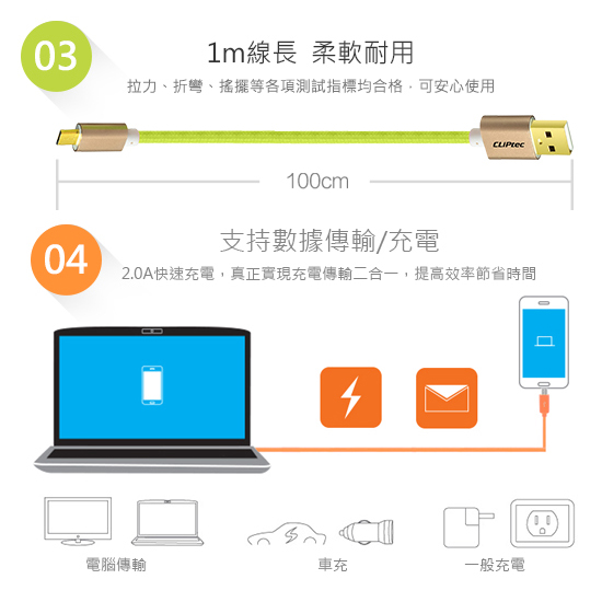 CLiPtec JACKET-M Mrico USB 2A編織充電傳輸線