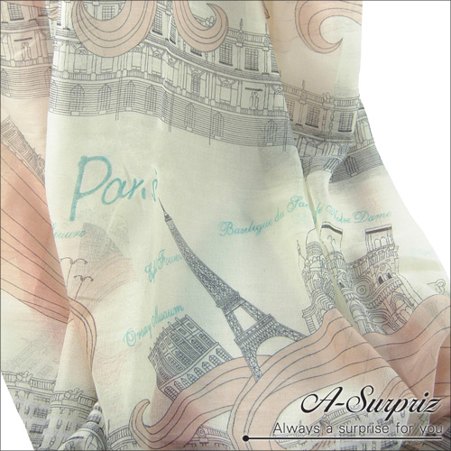 A-Surpriz 歐洲圖畫風情巴黎紗圍巾(唯美粉)