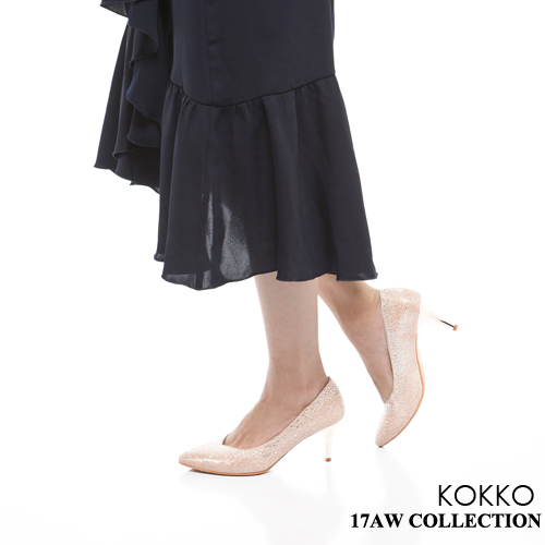 KOKKO-紅毯尖頭桃心口漸層水鑽高跟鞋-金