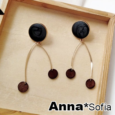 AnnaSofia 釉彩圓弧線雙木圓片 大型耳針耳環(黑咖金系)