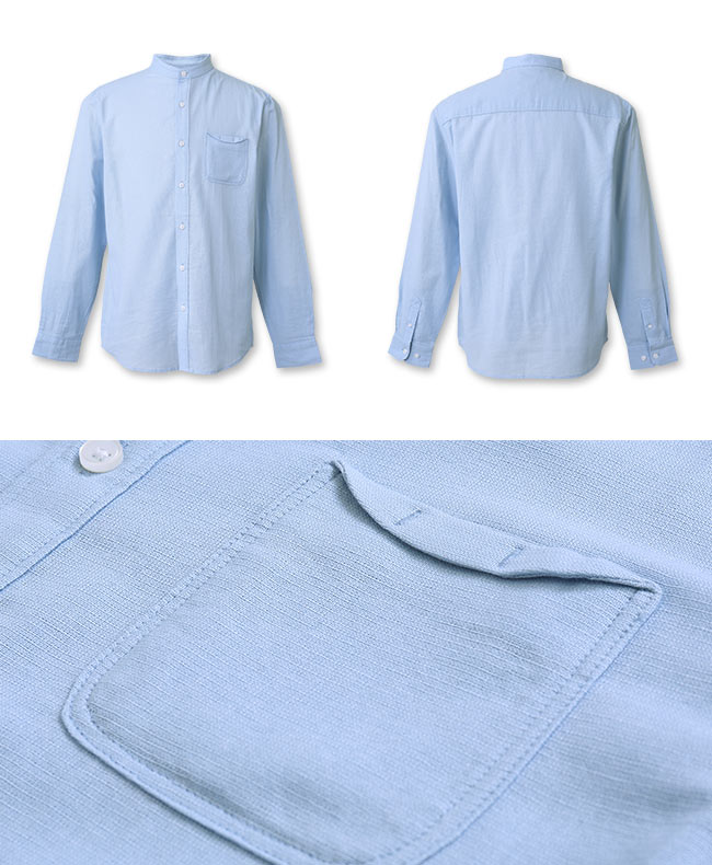 H:CONNECT 韓國品牌-男裝-立領小口袋長袖襯衫 - 藍(快)