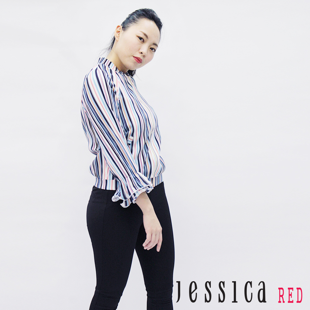 JESSICA RED - 彩虹條紋荷葉袖拉鍊外套（藍）