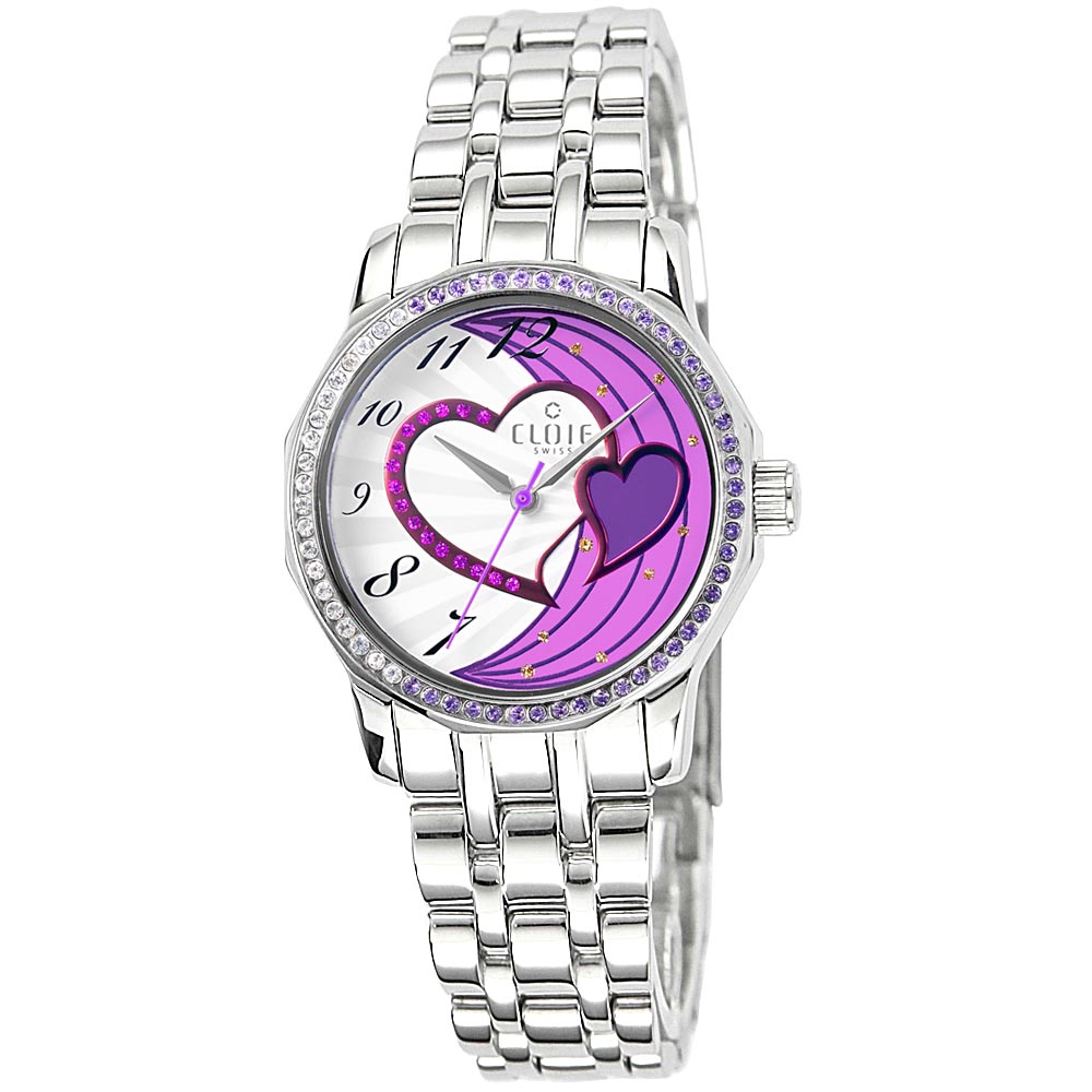 CLOIE 心心相印晶鑽不鏽鋼時尚腕錶-紫/33mm
