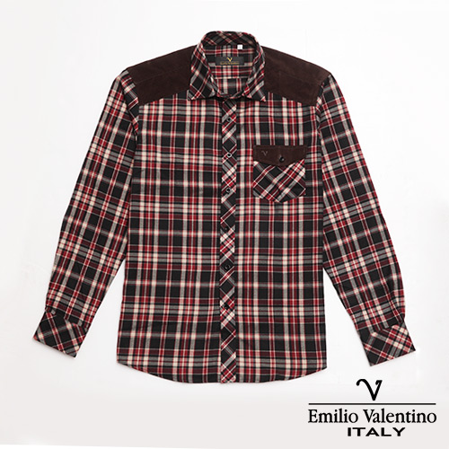 Emilio Valentino 范倫提諾絨布拼接格紋襯衫-紅