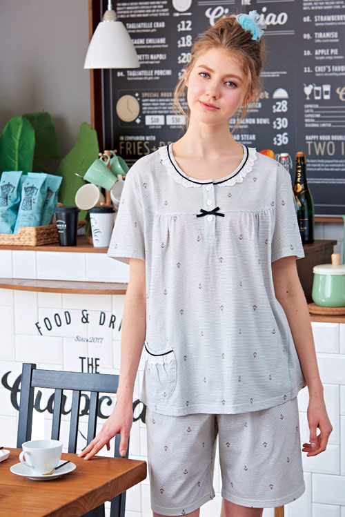 睡衣 海軍風蕾絲條紋短袖兩件式睡衣(R77027-6灰條紋) 蕾妮塔塔