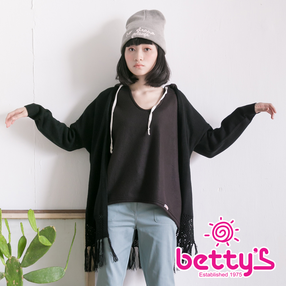 betty’s貝蒂思　開襟混羊毛下擺流蘇毛衣(黑色)