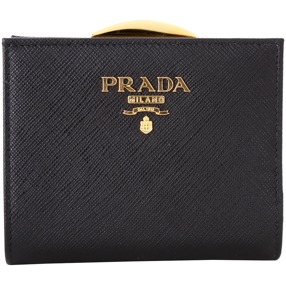 PRADA Saffiano 復古釦防刮牛皮釦式短夾(黑色)