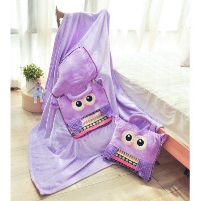 亞曼達Amanda 立體卡通兩用法萊絨抱枕毯子-貓頭鷹(紫)