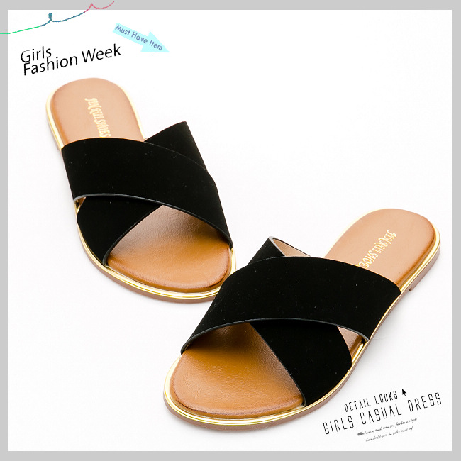 River&Moon加大尺碼-簡單素面寬版交叉飾金邊涼拖鞋-麂絨黑